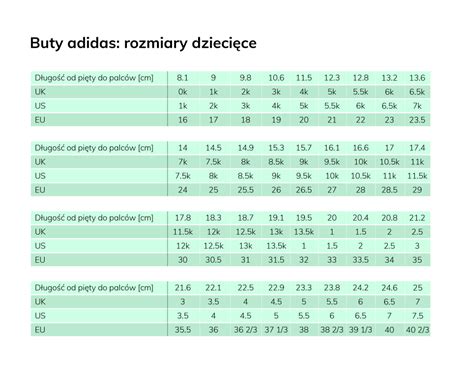 adidas standardy rozmiary